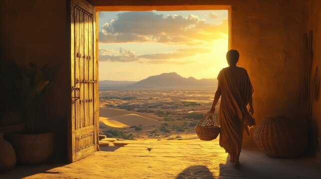 A solitary robed figure carrying a woven basket steps from a dim earthen room through a wooden doorway into a golden sunset over sand dunes and distant mountains, peaceful and contemplative