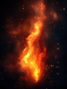 Vertical column of roaring orange fire with glowing embers and smoke against a dark background, dramatic and intense