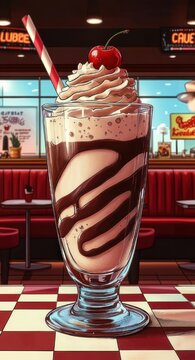 tall chocolate and vanilla milkshake topped with whipped cream and a cherry, red striped straw in a glass on a checkered table inside a cozy retro diner, nostalgic and inviting