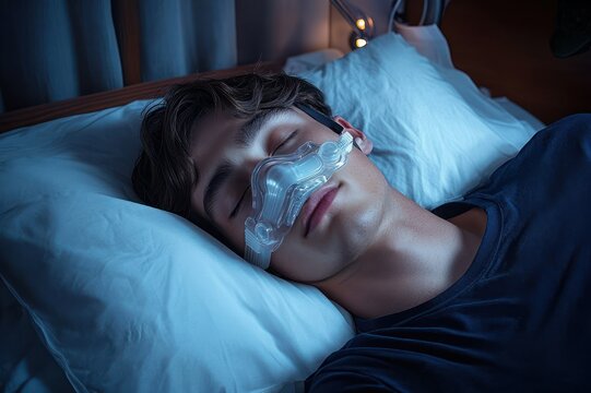 person lying face-down on pillow in a blue-lit bedroom at night, face obscured, conveying fatigue and restlessness