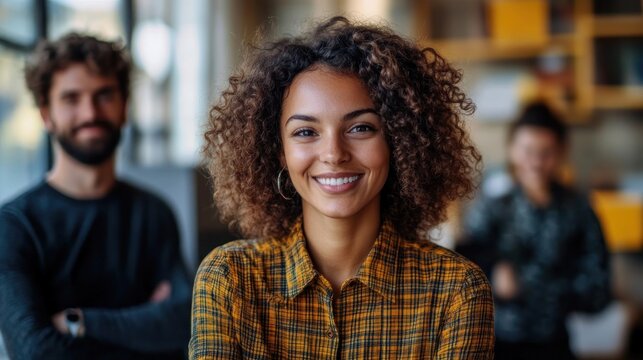 confident young woman with curly hair in yellow plaid shirt stands with crossed arms in modern office space with two blurred colleagues behind