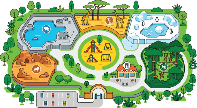 Zoo map illustration with animal enclosures playground and parking area in a colorful flat vector design style