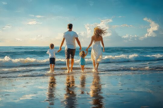 sunlit family of four holding hands walking into the calm ocean with gentle waves and blue sky, joyful and serene reflections on wet sand