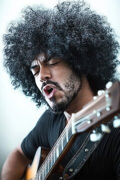 person with voluminous curly afro and obscured face playing acoustic guitar, conveying focus and introspection
