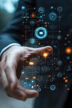 hand in a suit presenting a holographic digital interface of glowing blue and orange circuitry, icons and data nodes, conveying control, innovation and futuristic interaction
