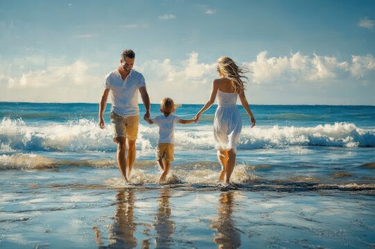 Parents and young child holding hands walking into gentle ocean waves on a sunny beach, barefoot and smiling, joyful family bonding and carefree summer moment