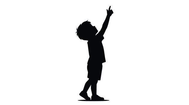 Minimalist black vector illustration of a small child pointing upward with a curious youthful gesture