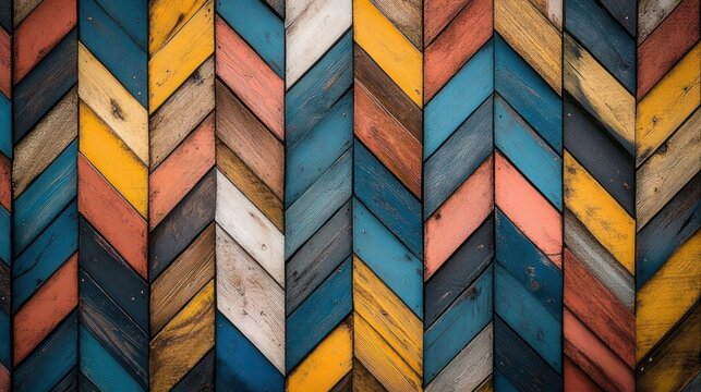 Worn colorful chevron wooden wall with painted planks in teal, yellow, coral and white, rustic textured pattern evoking vibrant nostalgic warmth