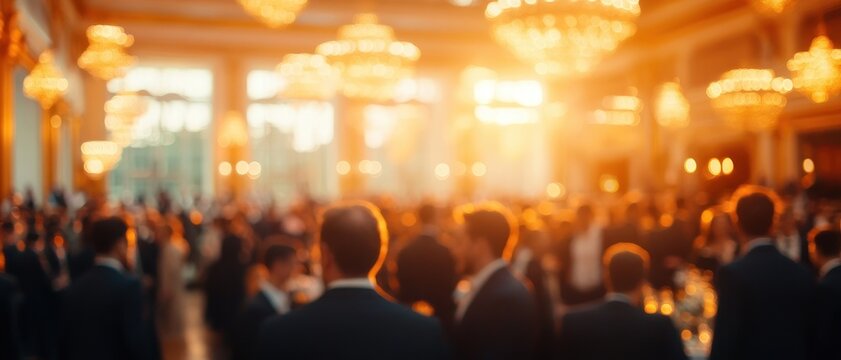 blurred crowd of well-dressed people mingling in a grand chandelier-lit ballroom with warm golden light and a lively elegant celebratory atmosphere