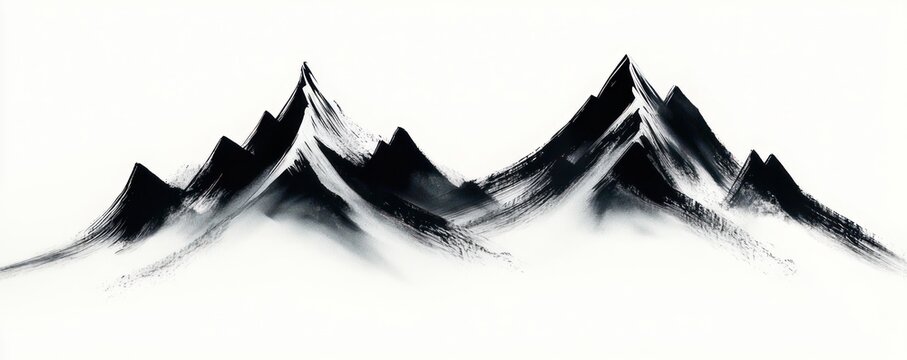 monochrome ink brushstroke mountain range with misty valleys conveying calm and serene mood