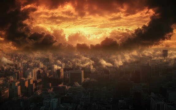 Ominous fiery orange sky over a dense urban skyline with dark storm clouds and smoke rising between high-rise buildings