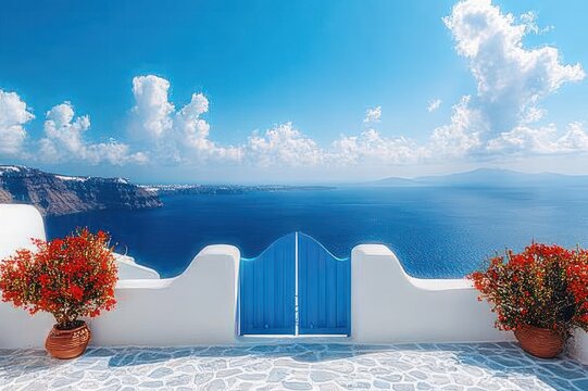 Sunlit white terrace with curved wall and bright blue gate between terracotta pots of red flowers, overlooking deep blue sea, distant cliffs and fluffy clouds, a calm joyful scene