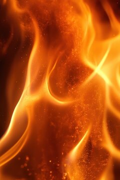 Close-up swirling orange flames with glowing embers and dancing sparks conveying intense heat and mesmerizing energy