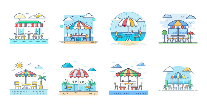 Colorful amusement park rides icon set - Bright vector icons of classic amusement park rides like carousel, roller coaster, and Ferris wheel in playful style.