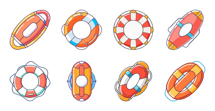 Colorful life buoy set with red and blue stripes - Bright set of life buoys in red and blue stripes, arranged in a playful, floating formation for rescue or decorative use.
