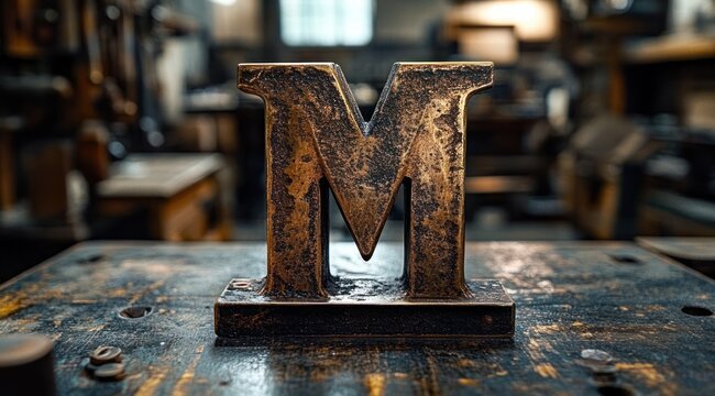 rusted metal letter m on a worn wooden workbench in a dim workshop, evoking a nostalgic industrial craftsmanship mood