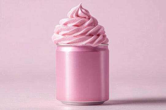 whimsical pastel pink aluminum can topped with swirled pink whipped cream on a soft pink background, playful and sweet studio still life