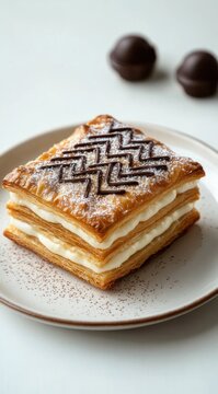 Decadent layered puff pastry with creamy filling, powdered sugar and chocolate zigzag on a plate, chocolate truffles blurred in the background