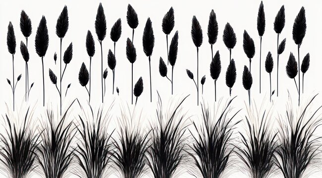 serene monochrome silhouettes of tall seed heads and tufted grass clumps on a white background
