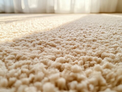 sunlit beige plush carpet close-up with sheer curtains and warm morning light, cozy peaceful atmosphere