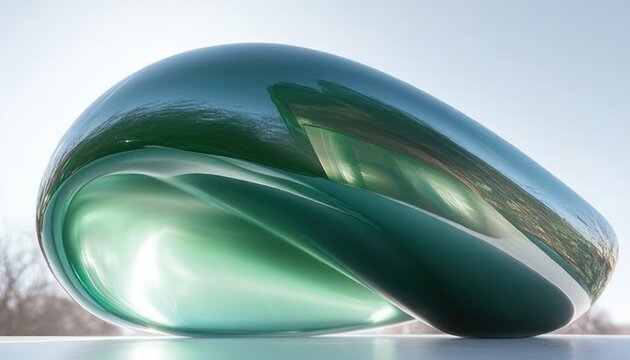 glossy emerald organic sculpture resting on a reflective surface with sky and tree reflections, evoking a serene futuristic calm