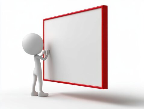 Minimalist white humanoid figure presenting a large blank white board with a red frame in a clean studio setting, conveying focus and presentation
