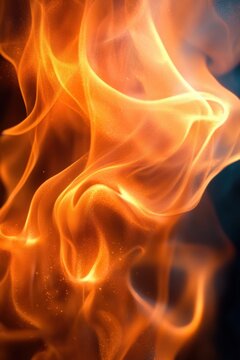 close-up of swirling orange flames with glowing embers and wisps of smoke, intense and mesmerizing