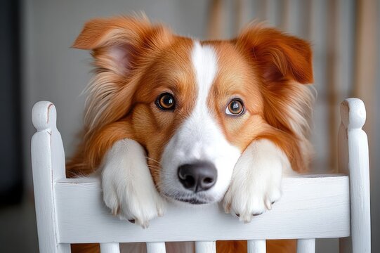 brown and white dog resting its paws and head over a white wooden chair back, hopeful curious eyes