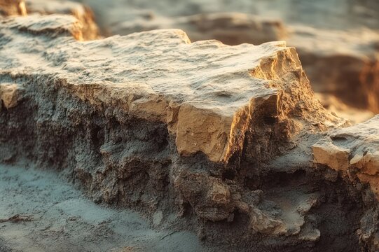 close-up of eroded clay ridge bathed in warm golden light, textured layered earth conveying quiet rugged solitude