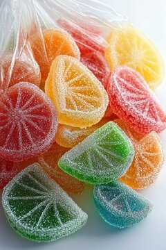 close-up of colorful sugar-coated citrus slice gummy candies in a clear plastic bag, bright and playful and tempting
