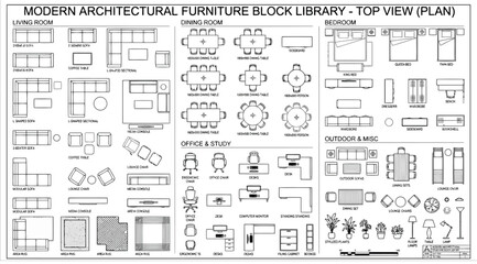 Modern architectural furniture block library top view plan for interior design © Saharia
