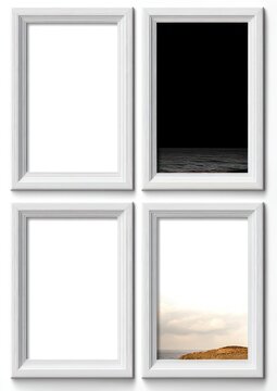 Four white picture frames in a 2x2 grid on a white wall &mdash; two blank frames and two coastal images, one dark night sea horizon and one sunlit rocky shoreline, evoking contrast and calm
