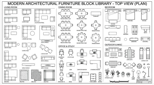 Modern architectural furniture block library top view plan for interior design
