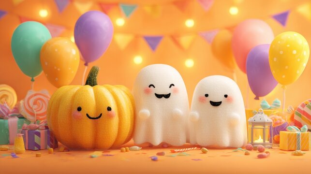 Adorable clay style halloween characters including pumpkin and ghosts with festive balloons.