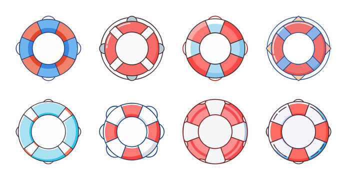 Colorful life buoy set with rope - Bright set of life buoys and ropes arranged in a clean, organized pattern for rescue or decorative use.