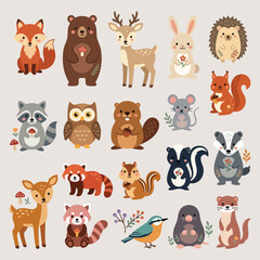 Naklejka premium Forest animals set, cute woodland creatures collection, flat vector illustration