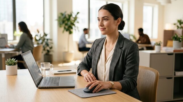 Model sitting at minimalist desk, woman seated at office desk, laptop open before her