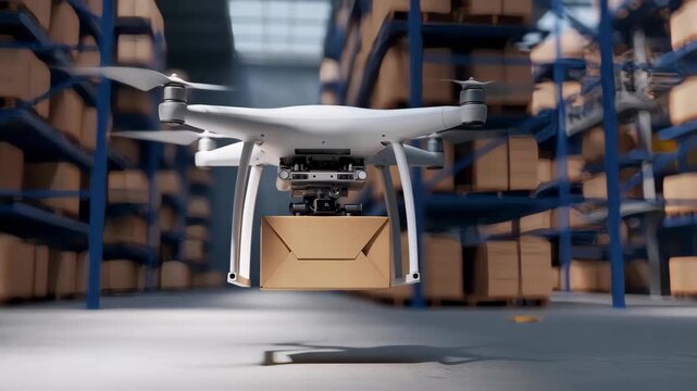 Drone delivering package in modern warehouse with stacked boxes
