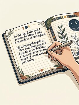 Hand writing in a beautiful illustrated journal for evening reflection