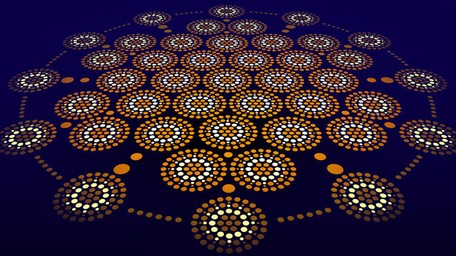 Perspectival golden circle mandala illustration on dark blue background
