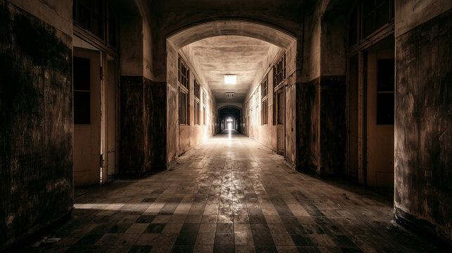 Spooky Abandoned Asylum Corridor for Halloween Horror Background, Dark Haunted Hospital Interior with Old Architecture, Mysterious Atmosphere, Paranormal Investigation, Scary Hallo