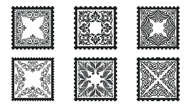 Six square postage stamp frames with vintage floral ornament designs