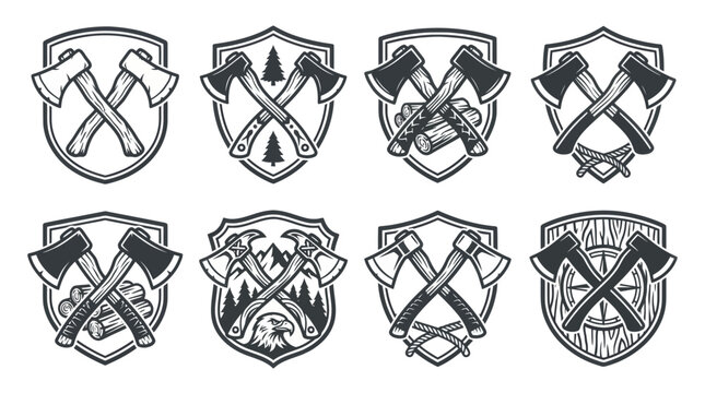Vintage crossed axes emblem set inside shields for rustic outdoor logos