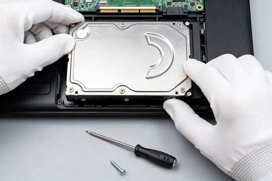 Hard Drive Installation in Laptop by Technician with Gloves
