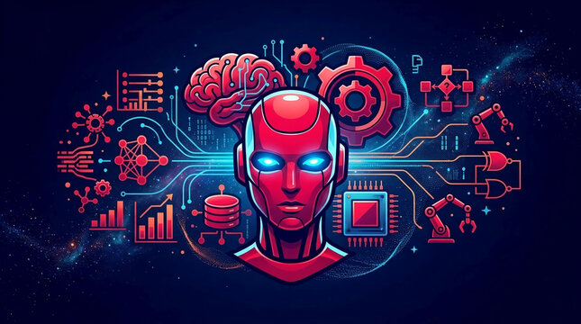 Robotic head with circuitry, brain, gears, and binary code, symbolizing AI, technology, and innovation in a cosmic setting