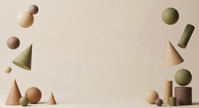 Minimalist modern background with floating monochrome geometric objects
