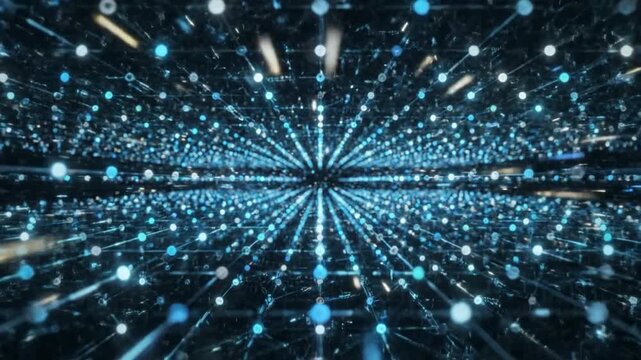 Digital Network Convergence: An abstract visualization of a vast digital network, with glowing blue nodes and connections converging at a central point, symbolizing data flow and interconnectedness.