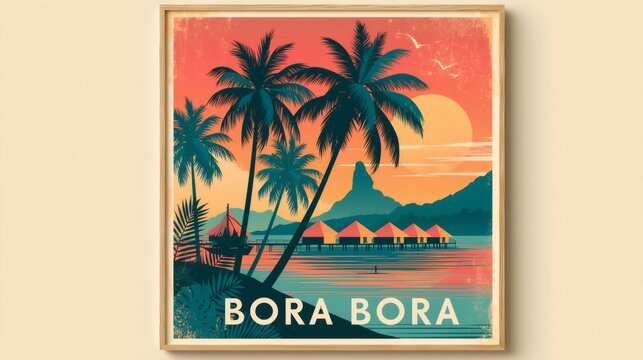 Bora bora vintage travel poster with sunset and palm trees
