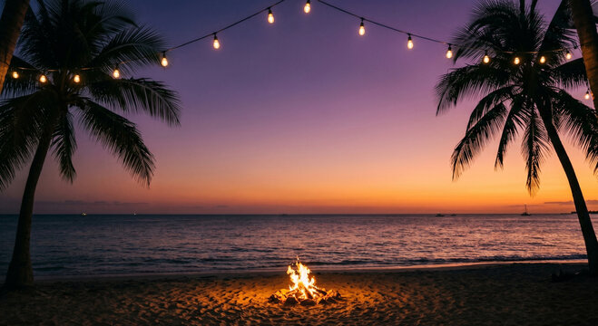 Campfire burning on tropical beach with palm trees at sunset