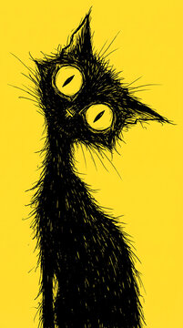 Quirky sketchy drawing of a skinny black cat with big yellow eyes on a vibrant yellow background.